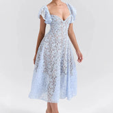 Blue Lace Flare Sleeve Midi Dress